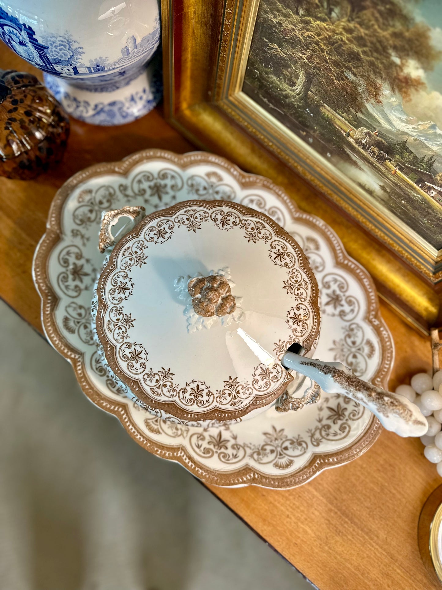 RARE Antique Regent Brown Transferware Lidded Tureen with Ladle & Underplate, 18"