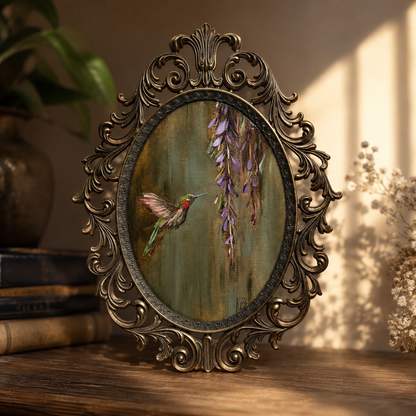 Hummingbird Original oil painting in brass vintage frame 13x10”