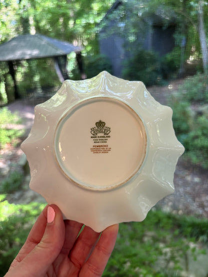 Aynsley "Pembroke" pattern bone china pin dish featuring a bird and floral design with a scalloped gold rim!