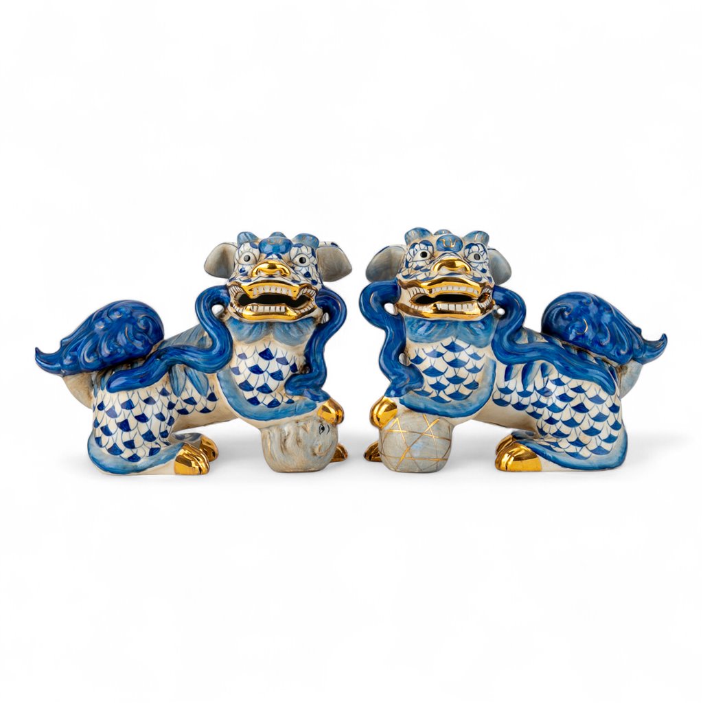 Danny’s Fine Porcelain - Blue & White Spaniel Foo Dog Figure Pair W/ Gold Accent: 17Lx4.5Wx6.5H