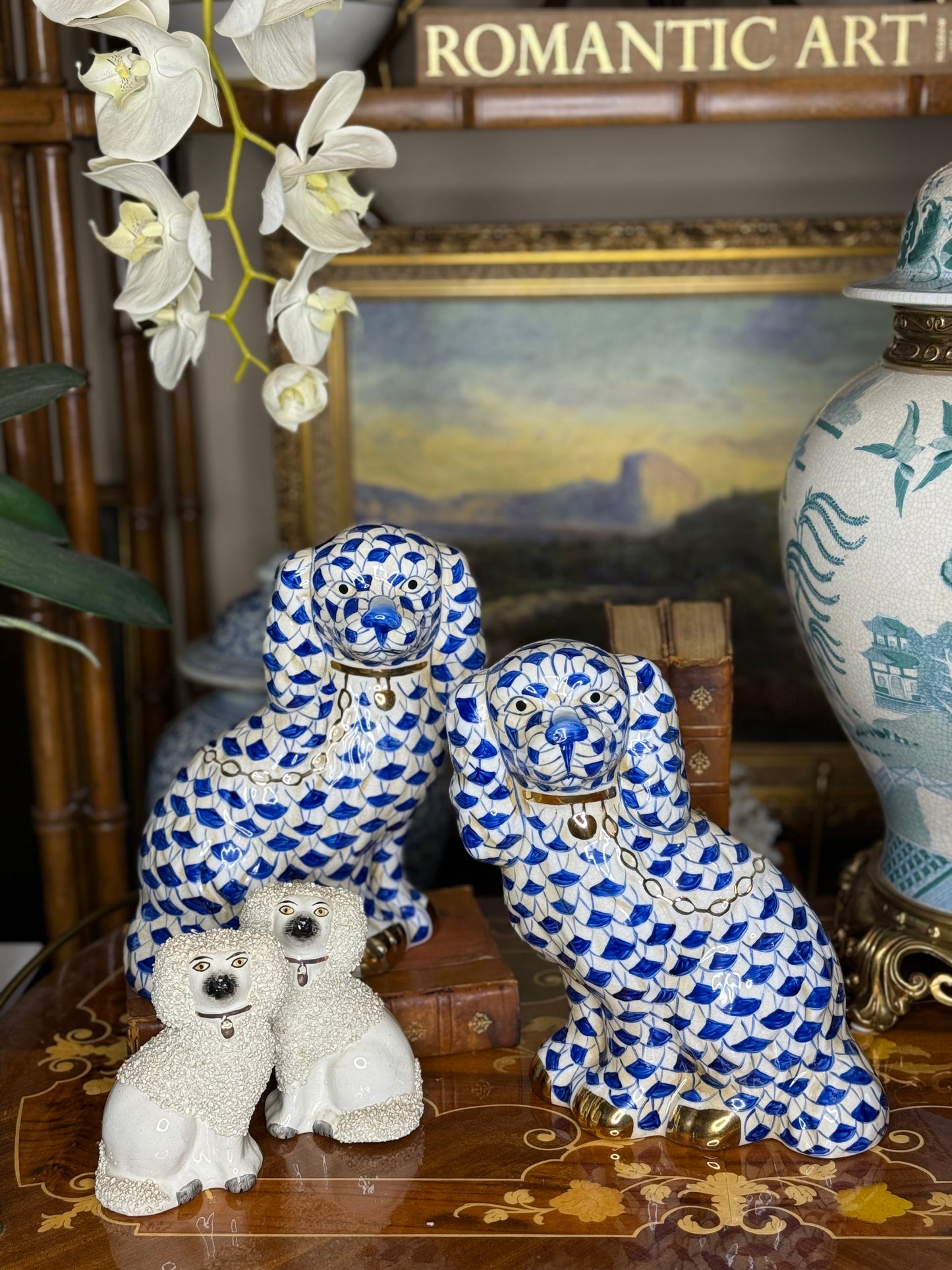 Danny’s Fine Porcelain: Large 16Lx3.5Wx9H Blue & White Spaniel Dog Figure Pair W/ Gold Accent