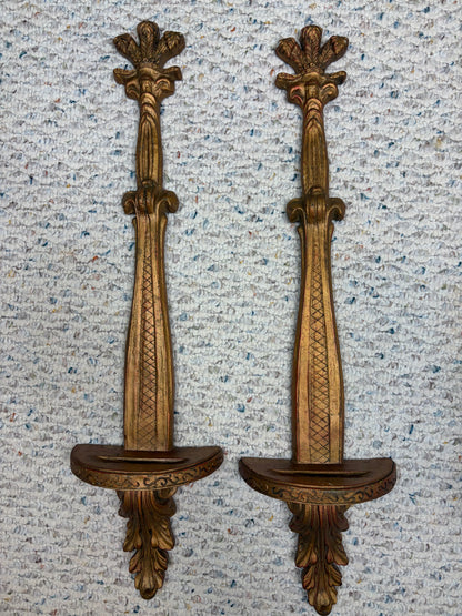 Lovely carved wood wall shelves with plate inserts pair!