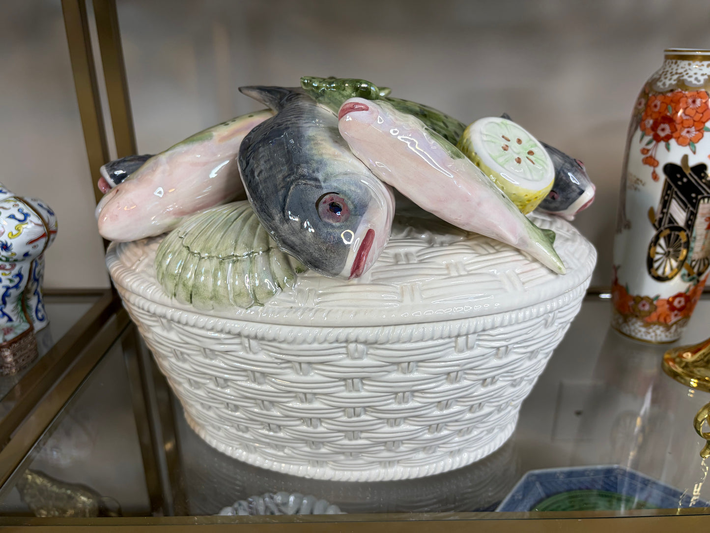 Stunning Italian Fish Tureen with raised fish and lemons and basket design!