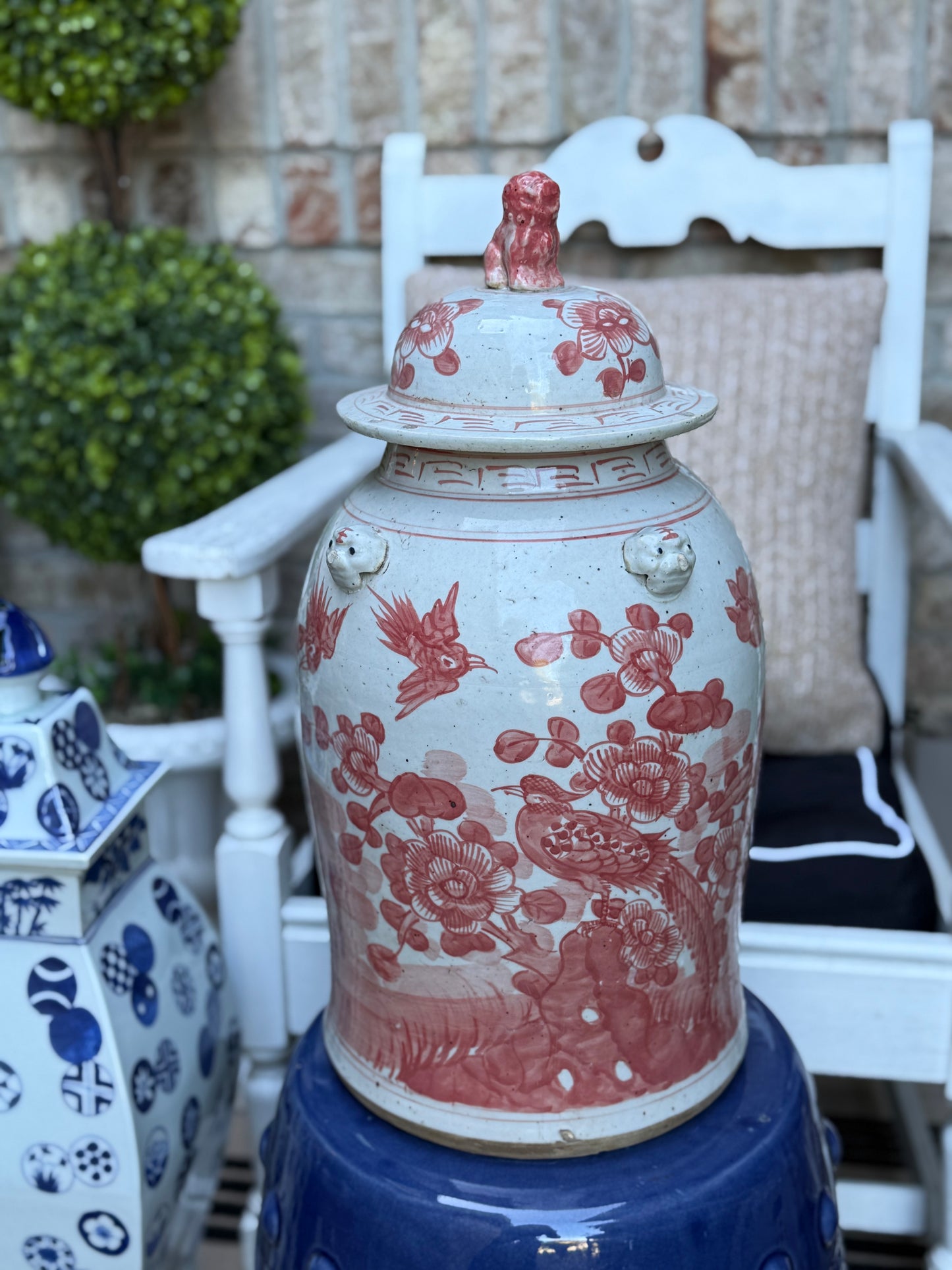 Danny’s Fine Porcelain: Red and White Porcelain Ginger Jar with Foo Dog Finial – 24” Tall