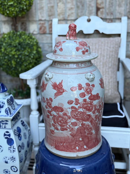 Danny’s Fine Porcelain: Red and White Porcelain Ginger Jar with Foo Dog Finial – 24” Tall