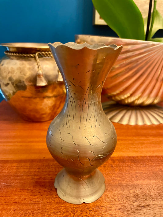 Vintage Etched Brass 6” Bud Vase