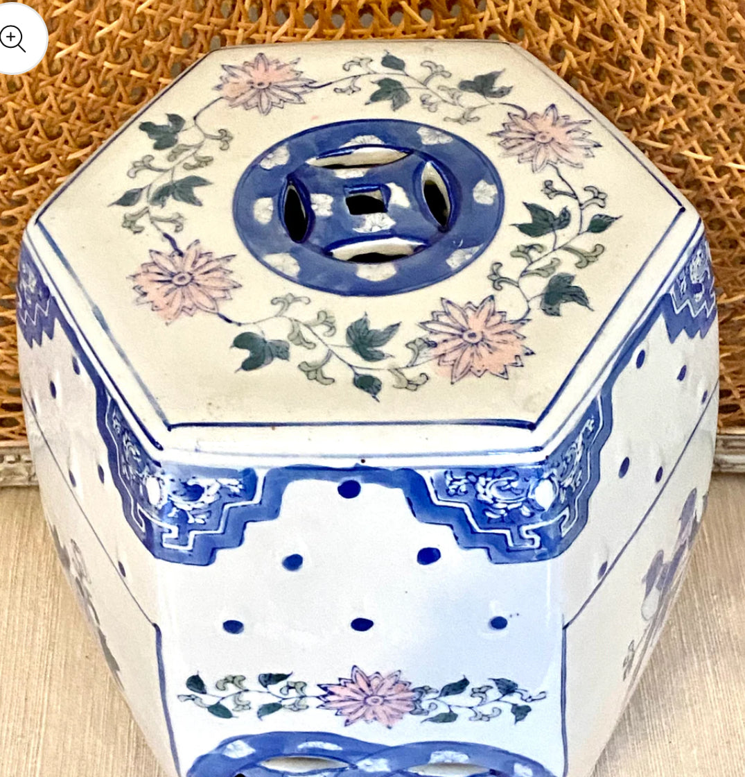 Vintage blue and white chinoiserie chic garden stool end table