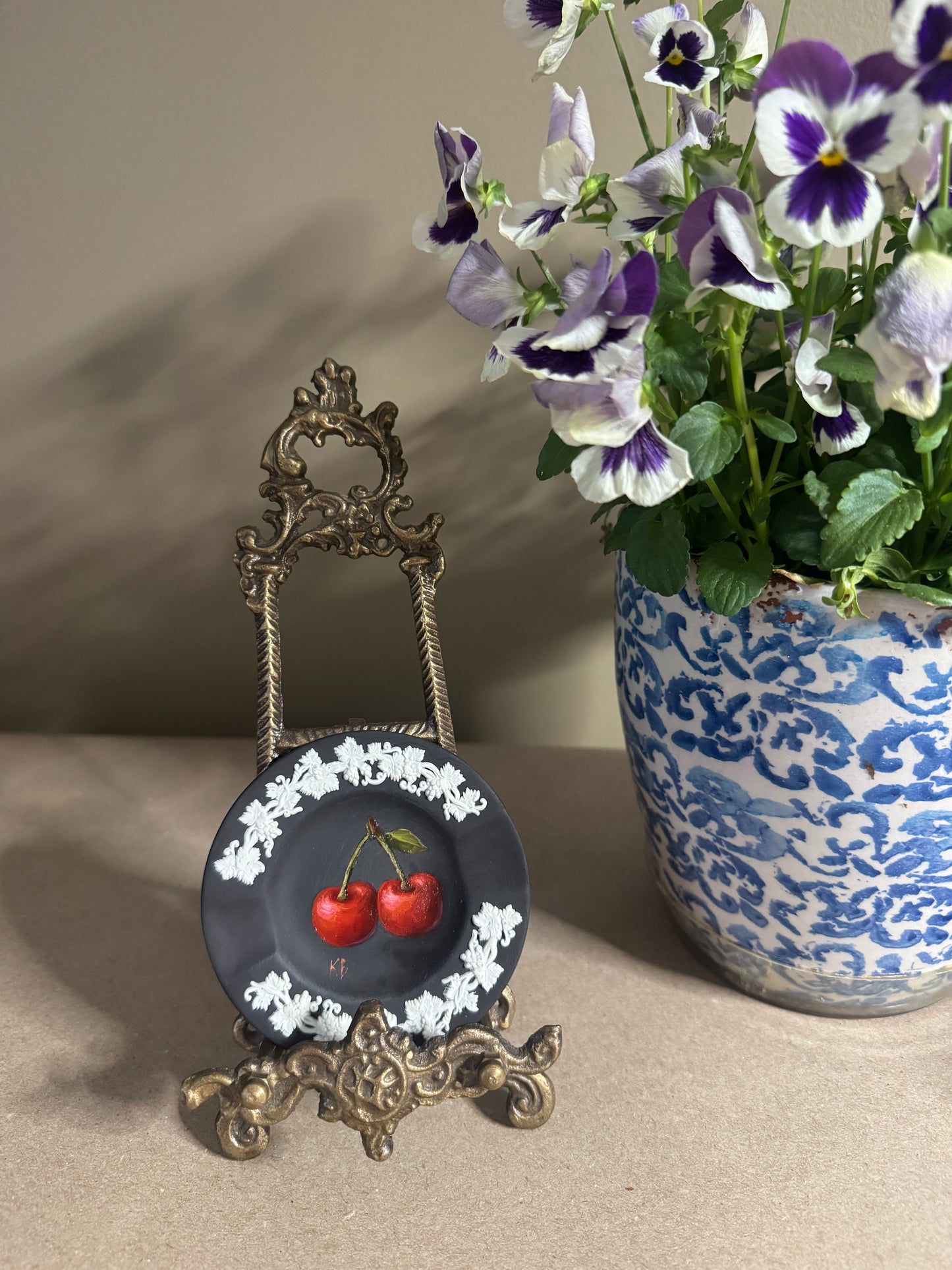 Live 06/22 Wedgwood small black and white dish with painted cherries original art