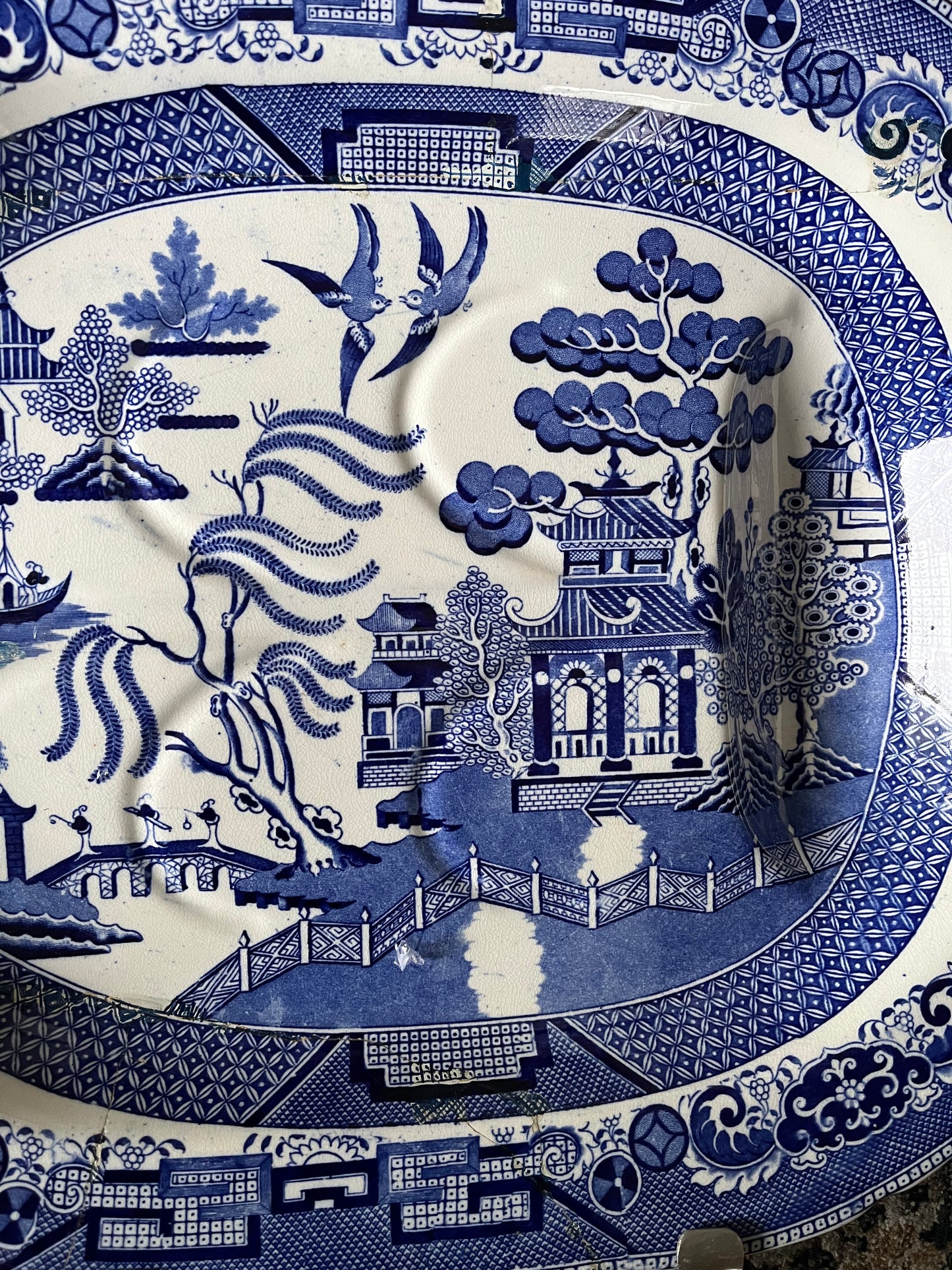 Live 08/04 Large Antique Ridgways Blue Willow Well & Tree Platter (1891–1894) | Semi China England | Historic Staple Repair | 21¼”