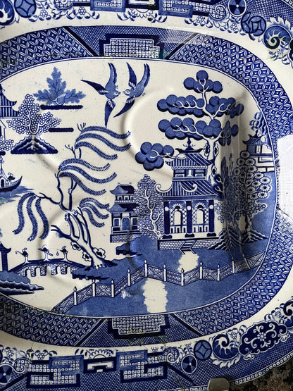 Live 08/04 Large Antique Ridgways Blue Willow Well & Tree Platter (1891–1894) | Semi China England | Historic Staple Repair | 21¼”