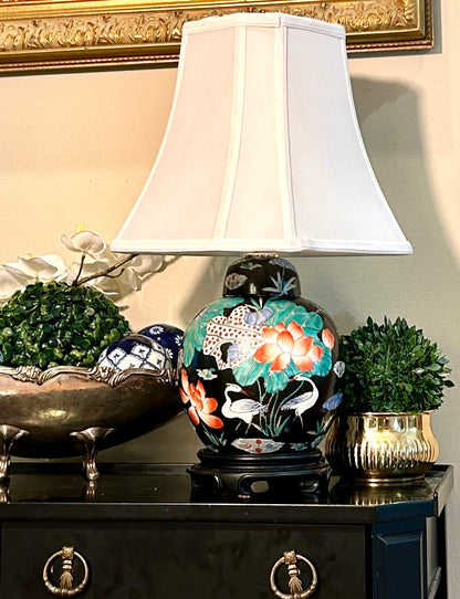 Vintage Famille Noir Matte Black Lamp With Crane Design  20 in