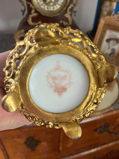 Antique Wavecrest Bud Vase in Gilt Ormolu Mounts — C.F. Monroe, Hand-Painted Wild Roses