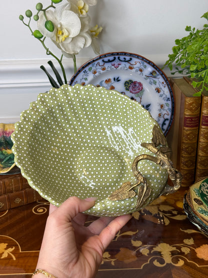 Danny’s Fine Porcelain Limited Edition Bronze Shell Footed Bowl | Olive Green Polka Dot Porcelain Centerpiece | 9”
