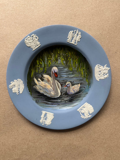 Swan original oil painting on Wedgwood plate 6.75”