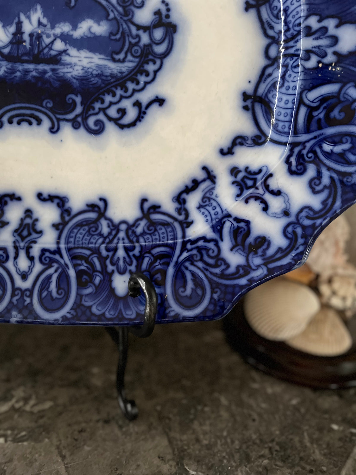 -RESVERED - ANGIEFIEND -  Live 09/22 Amazing Ship Medallion Flow Blue Platter Mid-Victorian Staffordshire Ironstone, c. 1845–1865
