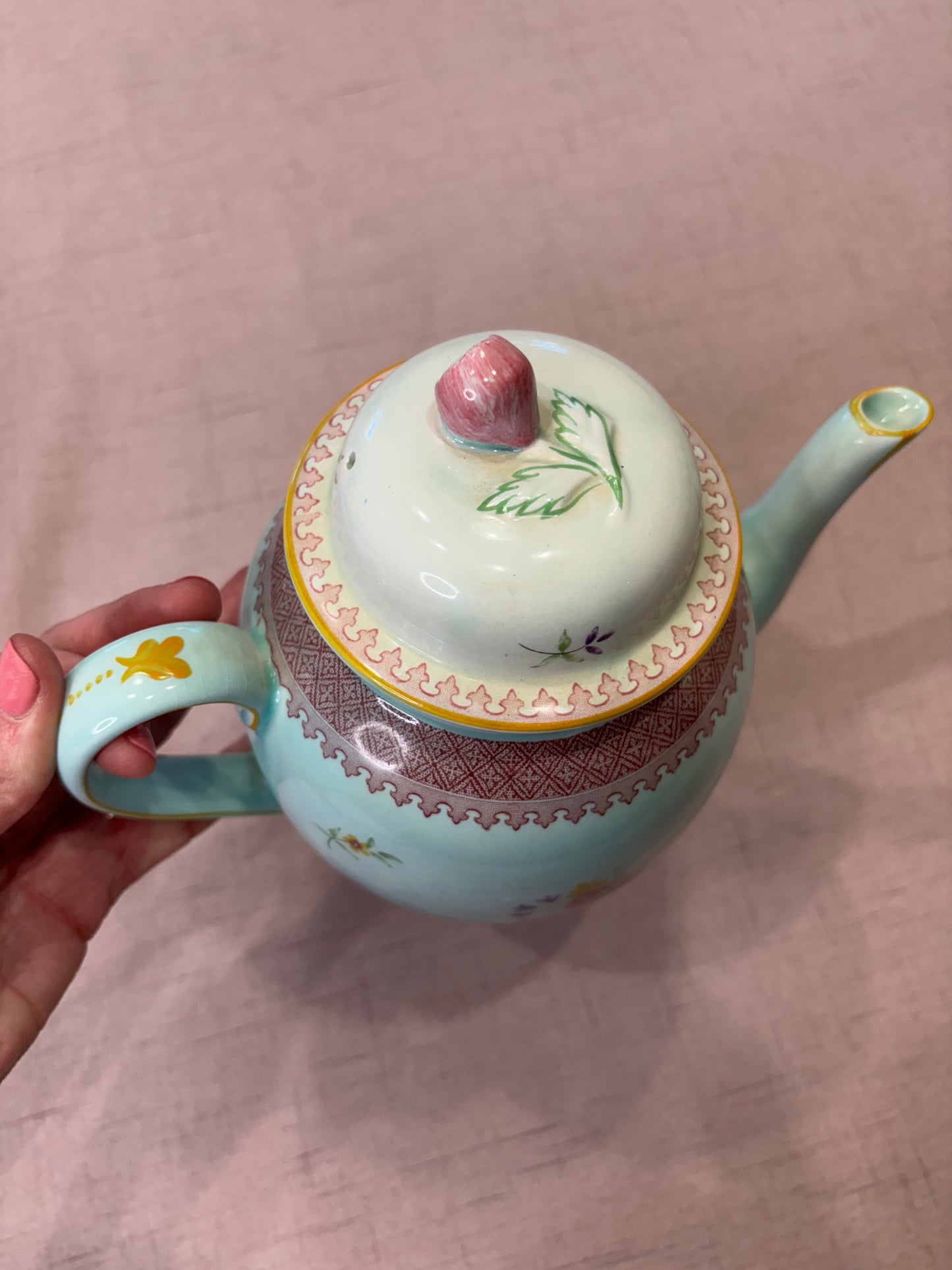 Antique Adams Calyx Ware teapot in the Lowestoft pattern featuring a mint green or duck egg blue color with floral patterns! As is!
