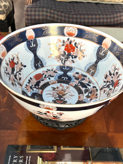 Large Imari Hand Painted Punch Bowl With Ornate Wood Stand