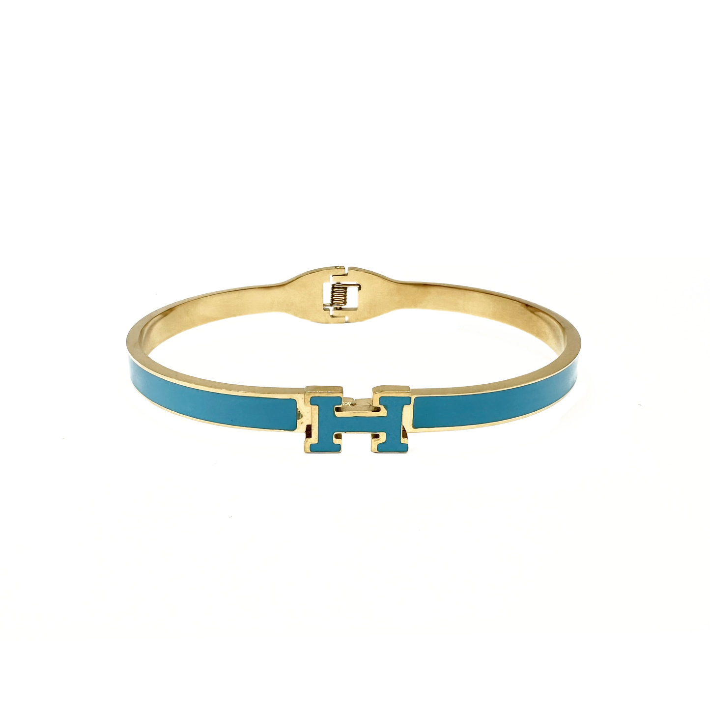 Turquoise Enamel “H” Gold Hinged Bangle Bracelet