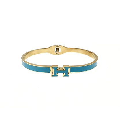 Turquoise Enamel “H” Gold Hinged Bangle Bracelet