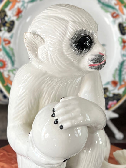 Signed Italian Capuchin Monkey Ceramic Figurine Holding Orb | Mid 20th Century