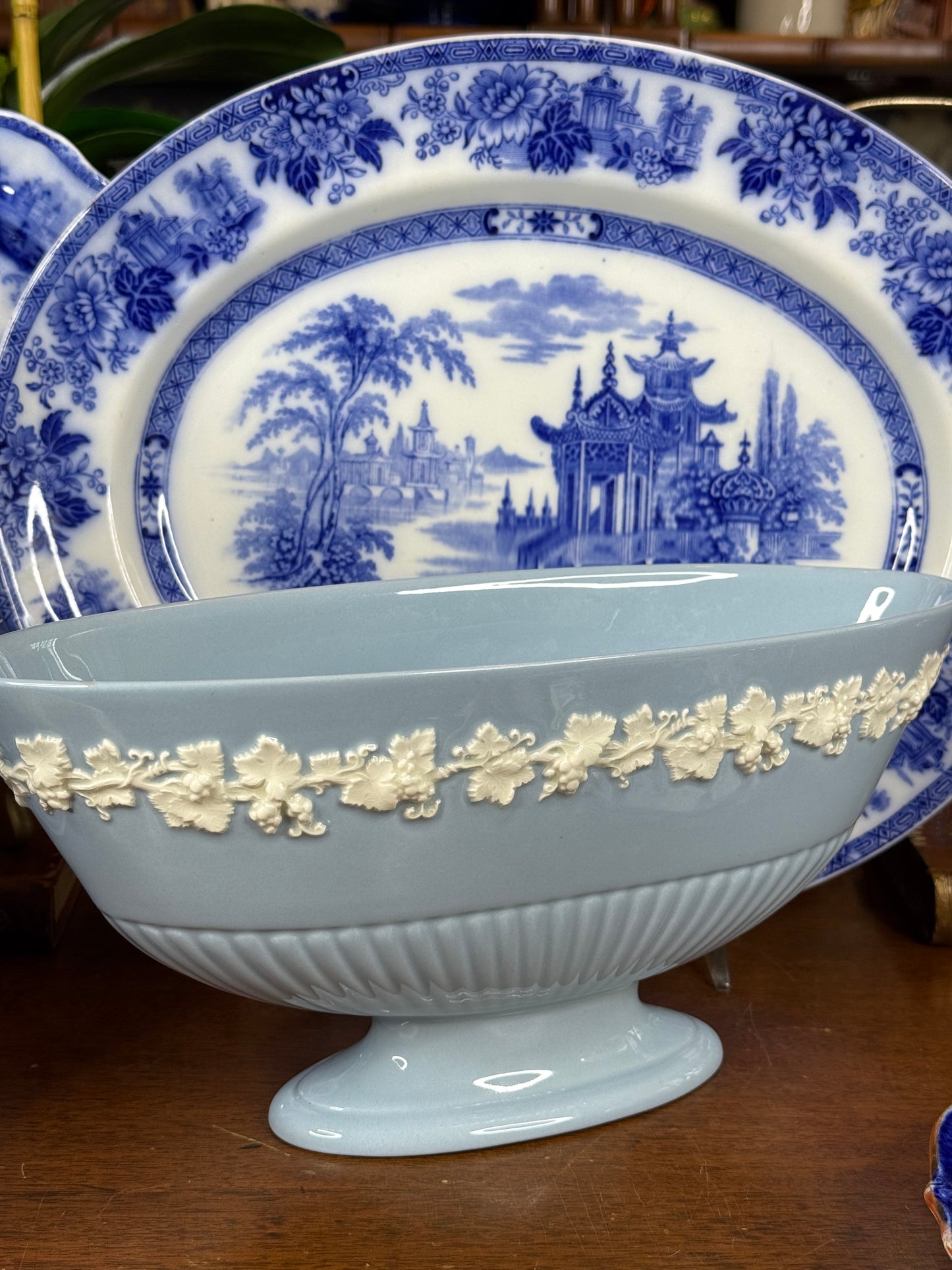 Wedgwood Embossed Queensware Ellipse Footed Bowl | Pale Blue & White | 12.5” L × 5” W × 5.75” H | #DA4581