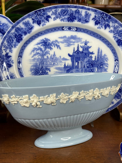 Wedgwood Embossed Queensware Ellipse Footed Bowl | Pale Blue & White | 12.5” L × 5” W × 5.75” H | #DA4581