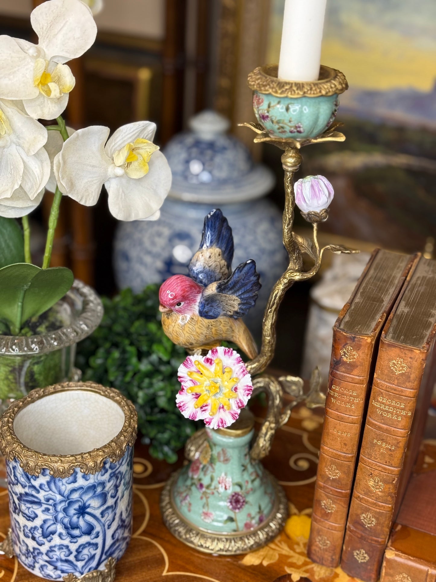 Danny’s Fine Porcelain: 13” Porcelain Bird Candelabra with Bronze Ormolu (Bird Figure Collection)