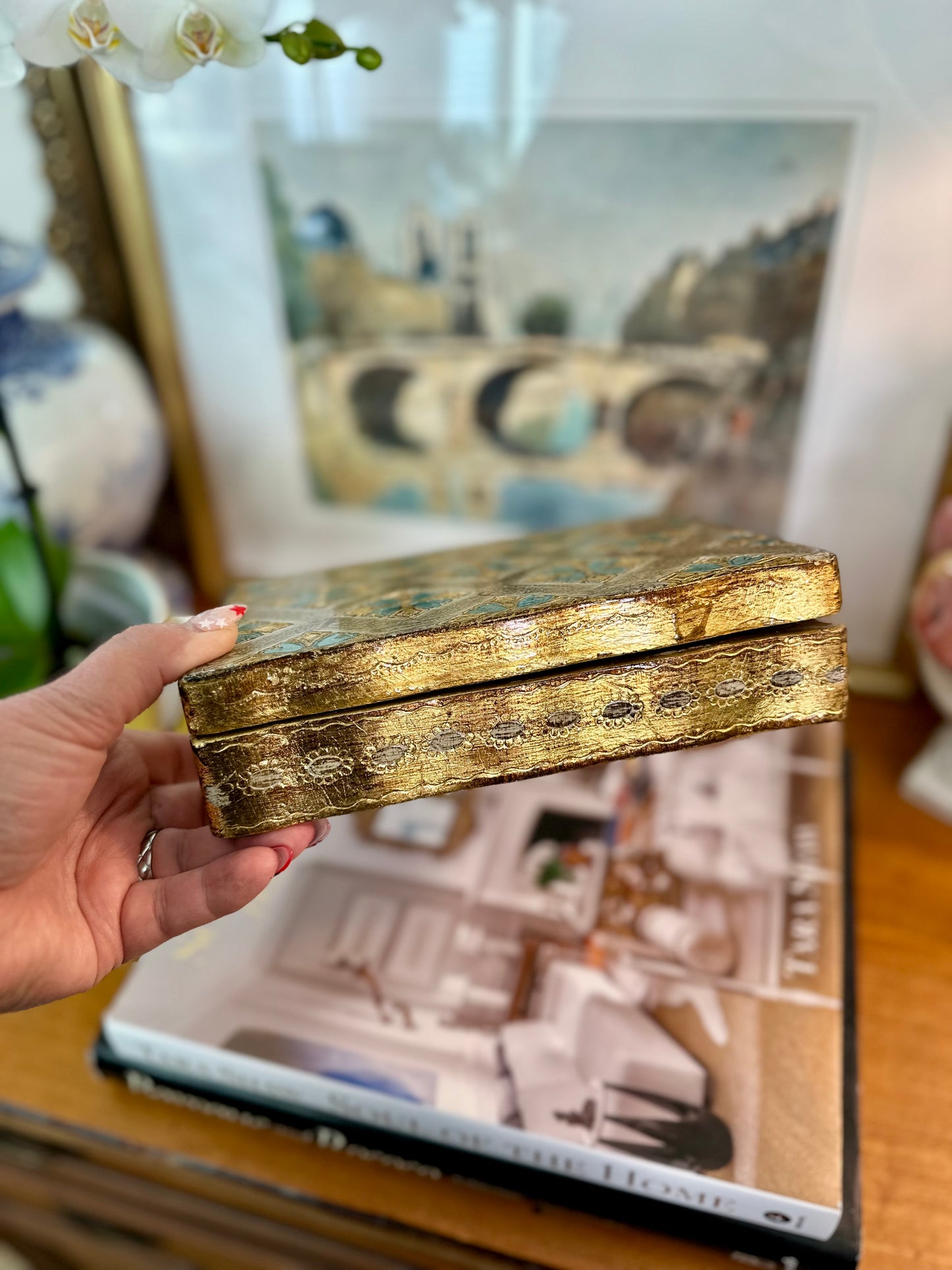 Vintage Florentine Gold Turquoise Hinged Box, Made in Italy, 8”