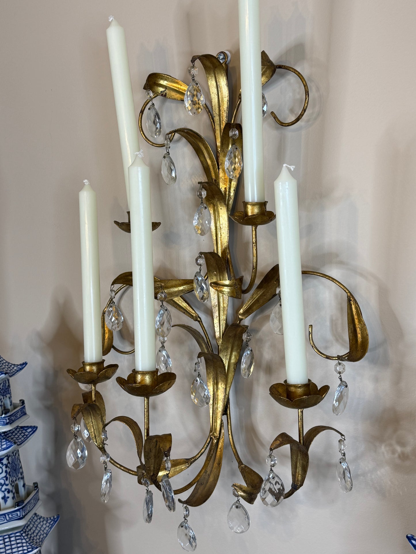 Vintage Italian Gilt Wheat Sheaf Wall Candelabra | Five-Light Crystal Sconce | 20.5” Tall