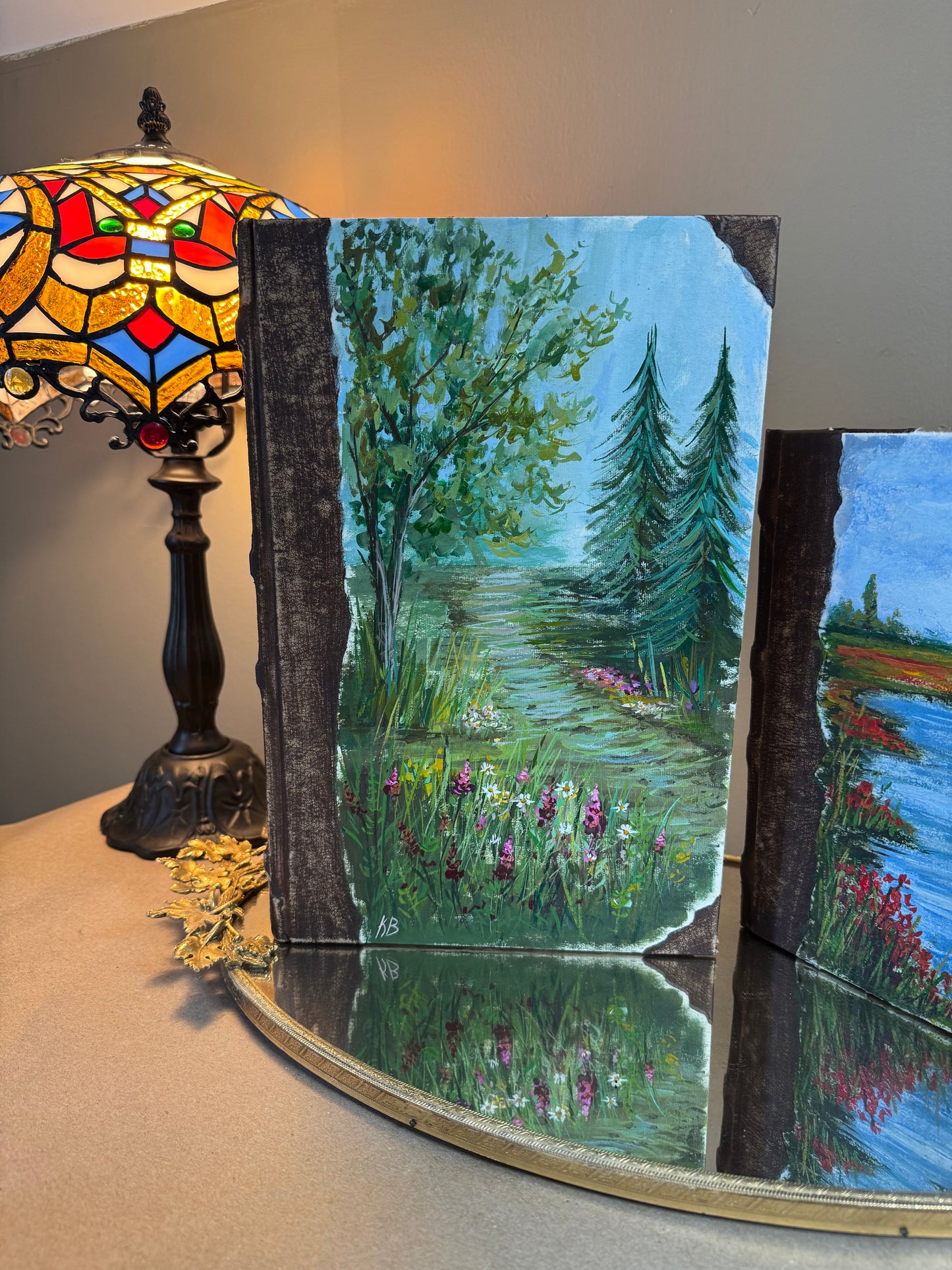 Original art hand made, hand painted leather bound journal 13x8.5”
