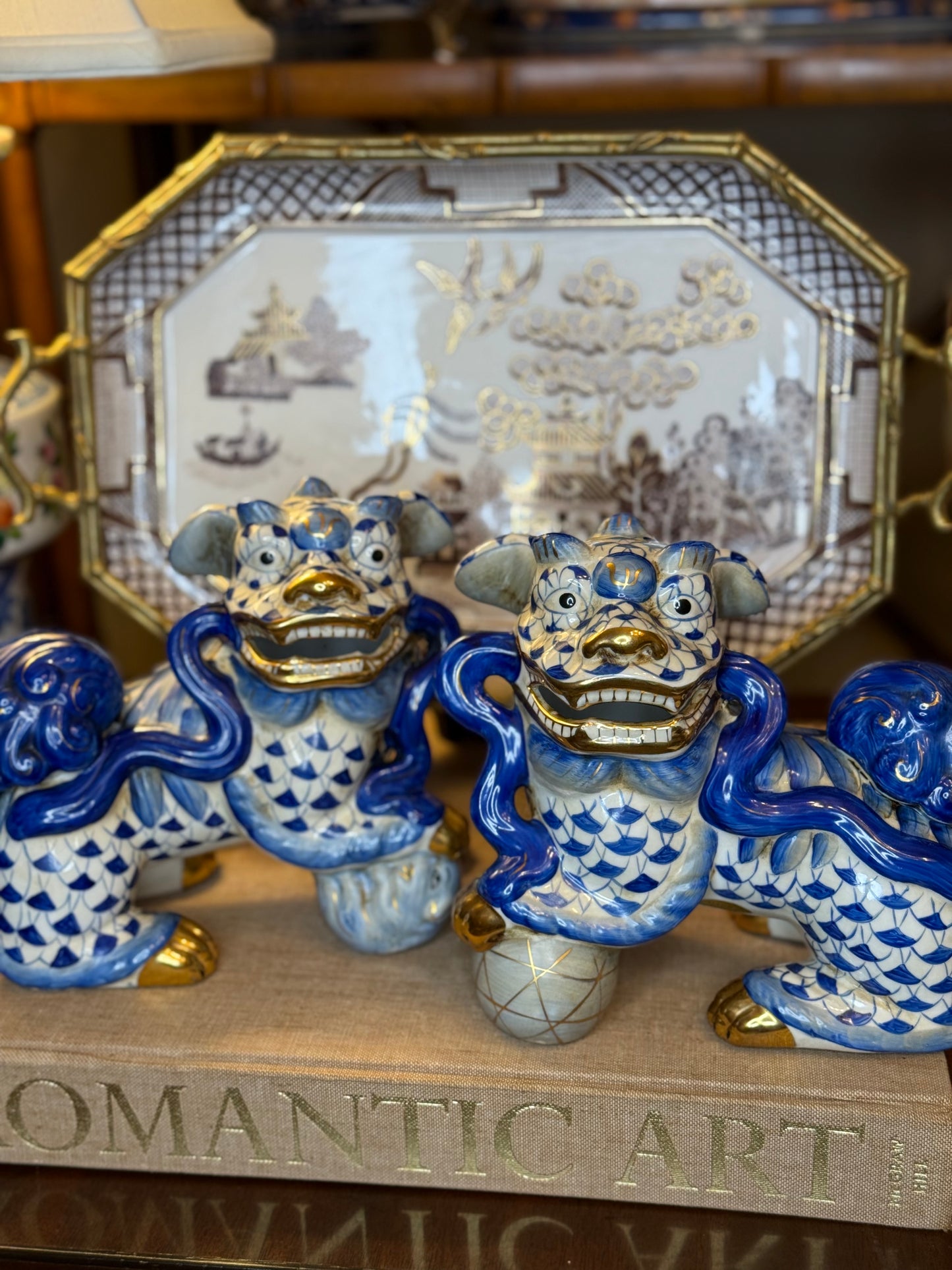 Danny’s Fine Porcelain - Blue & White Spaniel Foo Dog Figure Pair W/ Gold Accent: 17Lx4.5Wx6.5H
