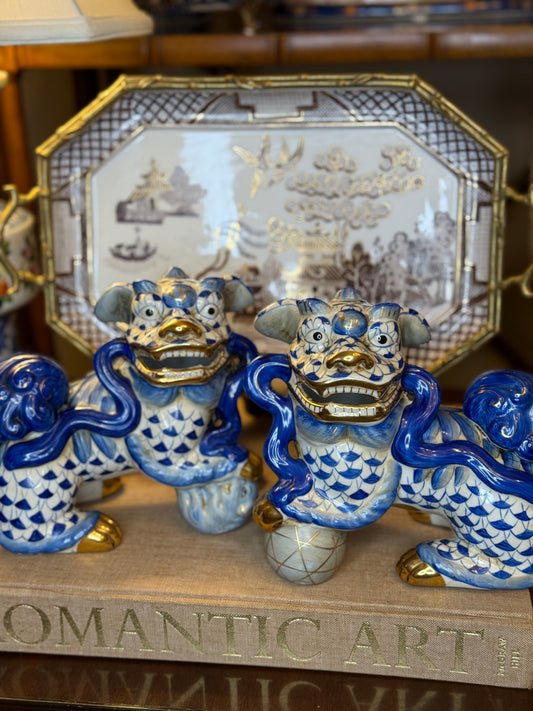 Danny’s Fine Porcelain - Blue & White Spaniel Foo Dog Figure Pair W/ Gold Accent: 17Lx4.5Wx6.5H