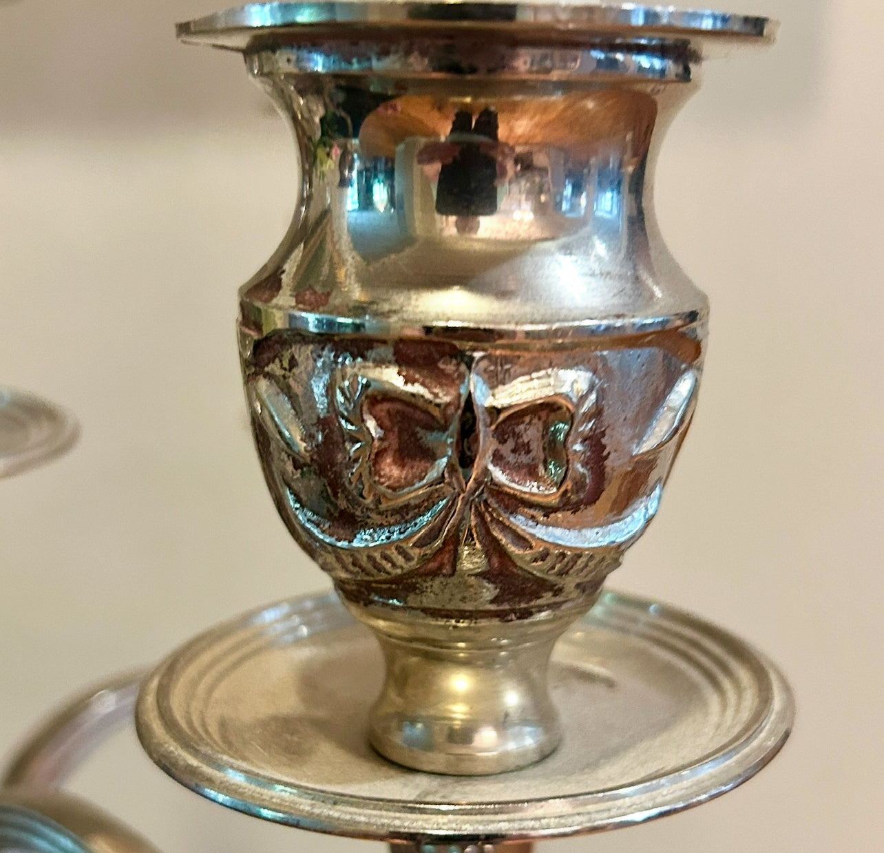 Single spectacular heavy silver plate bow & baroque triple candelabra