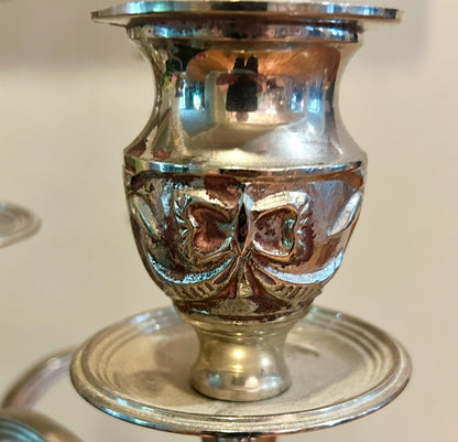 Single spectacular heavy silver plate bow & baroque triple candelabra