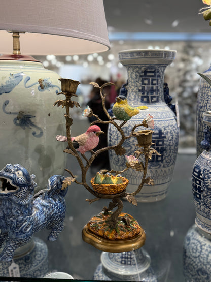 Danny’s Fine Porcelain: Bronze Ormolu Bird & Nest Candlestick Stand | 15.5” Tall