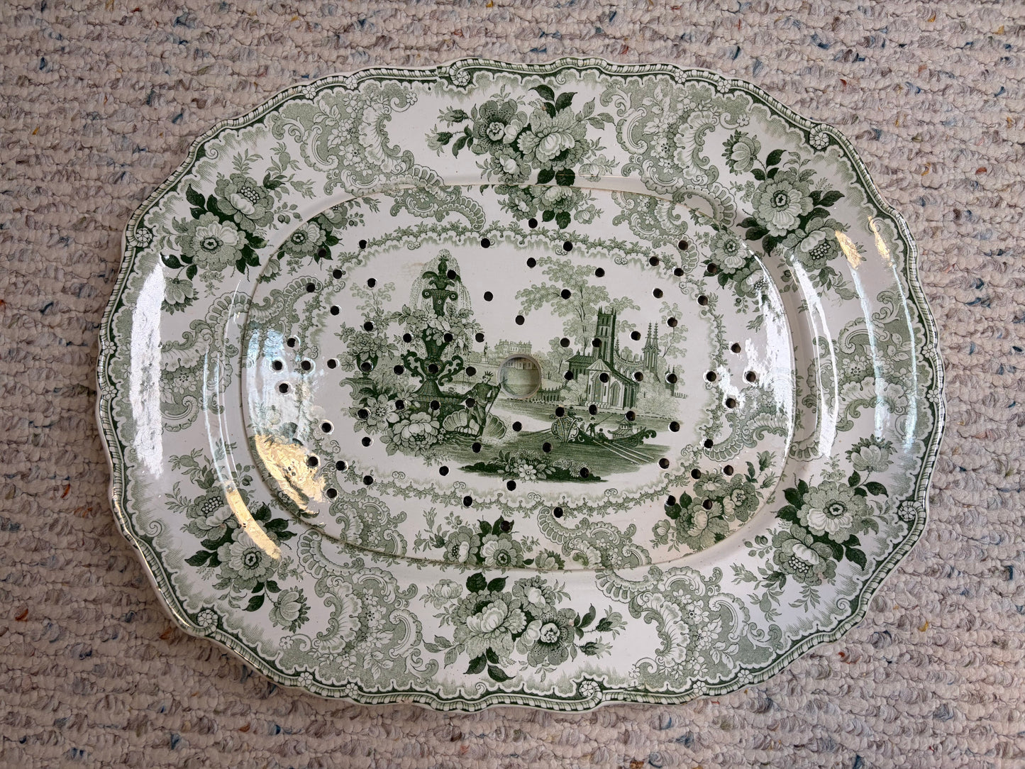 Stunning antique William Adams & Sons "Fountain Scenery" green and white transferware platter with strainer!