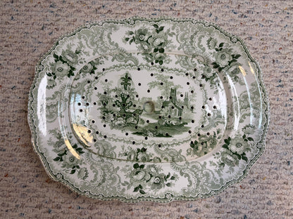 Stunning antique William Adams & Sons "Fountain Scenery" green and white transferware platter with strainer!