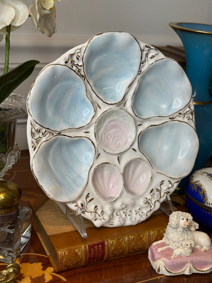 RESERVED - KRYSTIESHIRAH - Antique French 9”D Porcelain Oyster Plate | Pale Blue & Lavender Luster Wells with Gilt Accents | c.1900