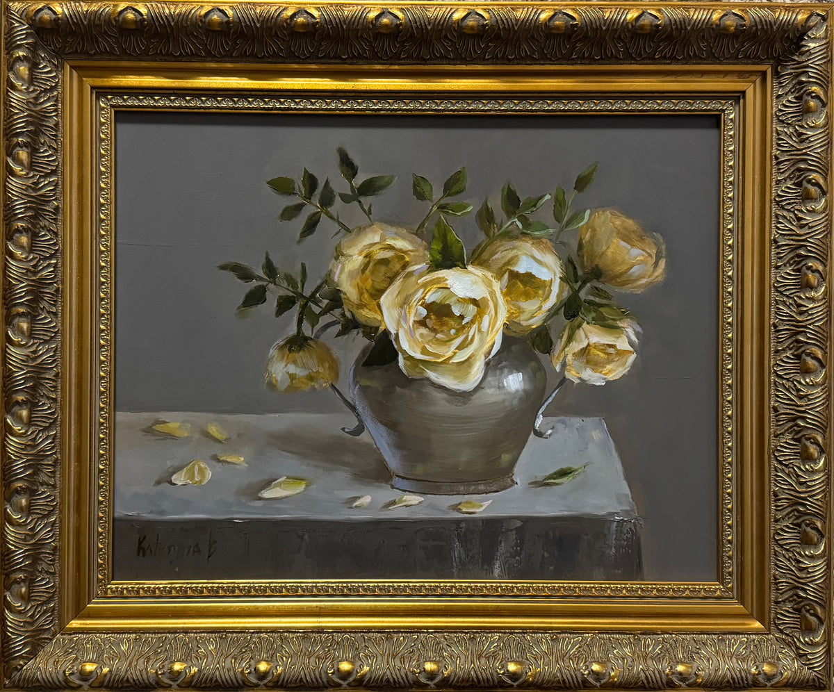 Yellow Roses in a Silver Vase Original Oil Painting with Ornate Gold Frame