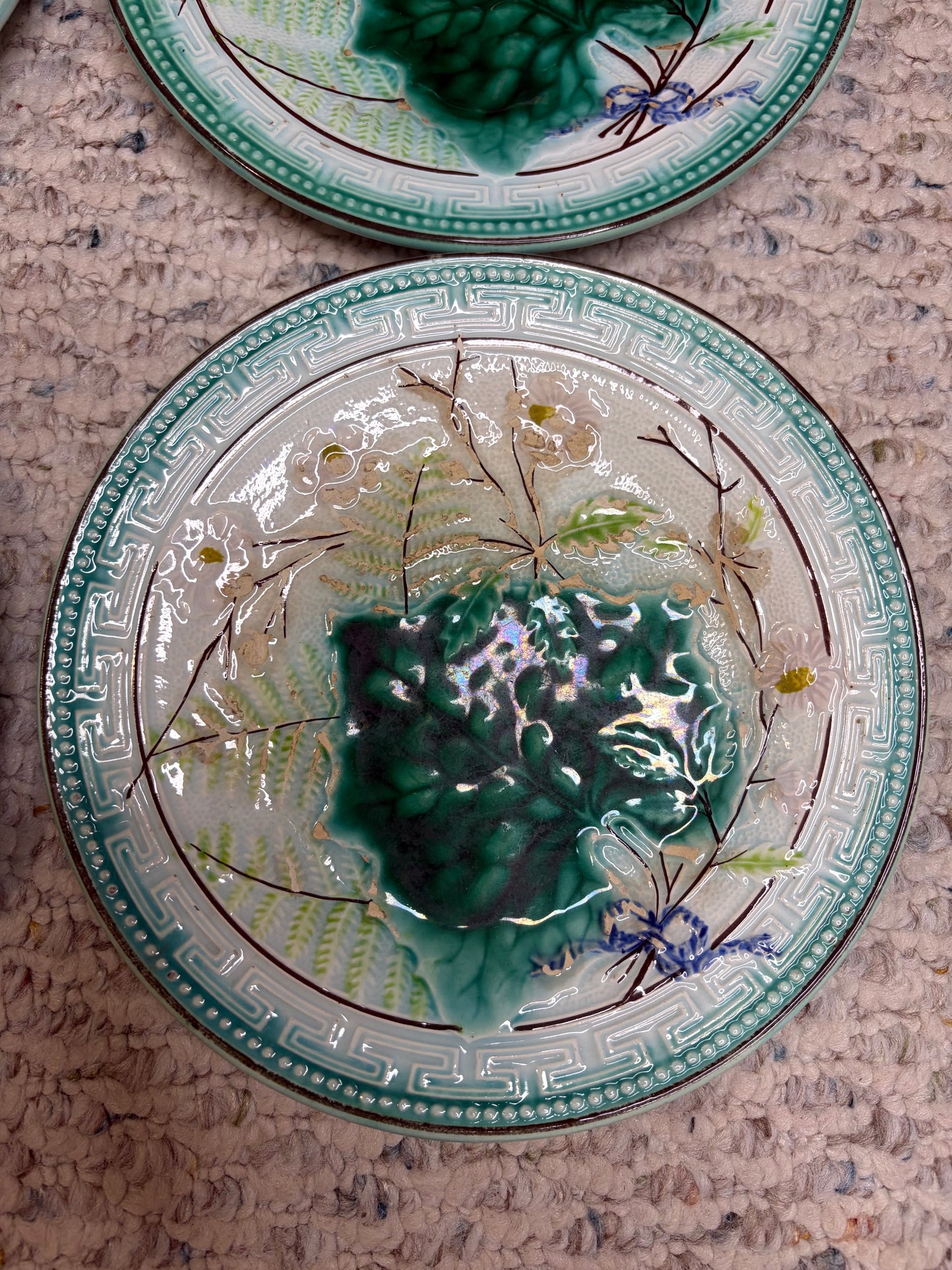 Antique majolica leaf plates with Greek key border- Set of 4! As is!
