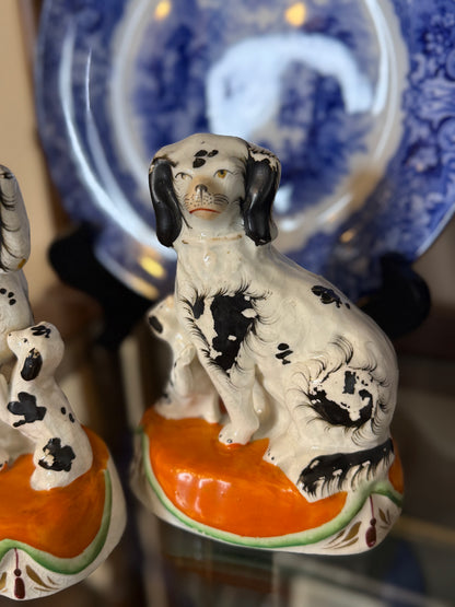 Antique 19th Century Staffordshire Spaniel Dog Figures with Puppies on Orange Cushions – Pair | 7” Tall #DA4423