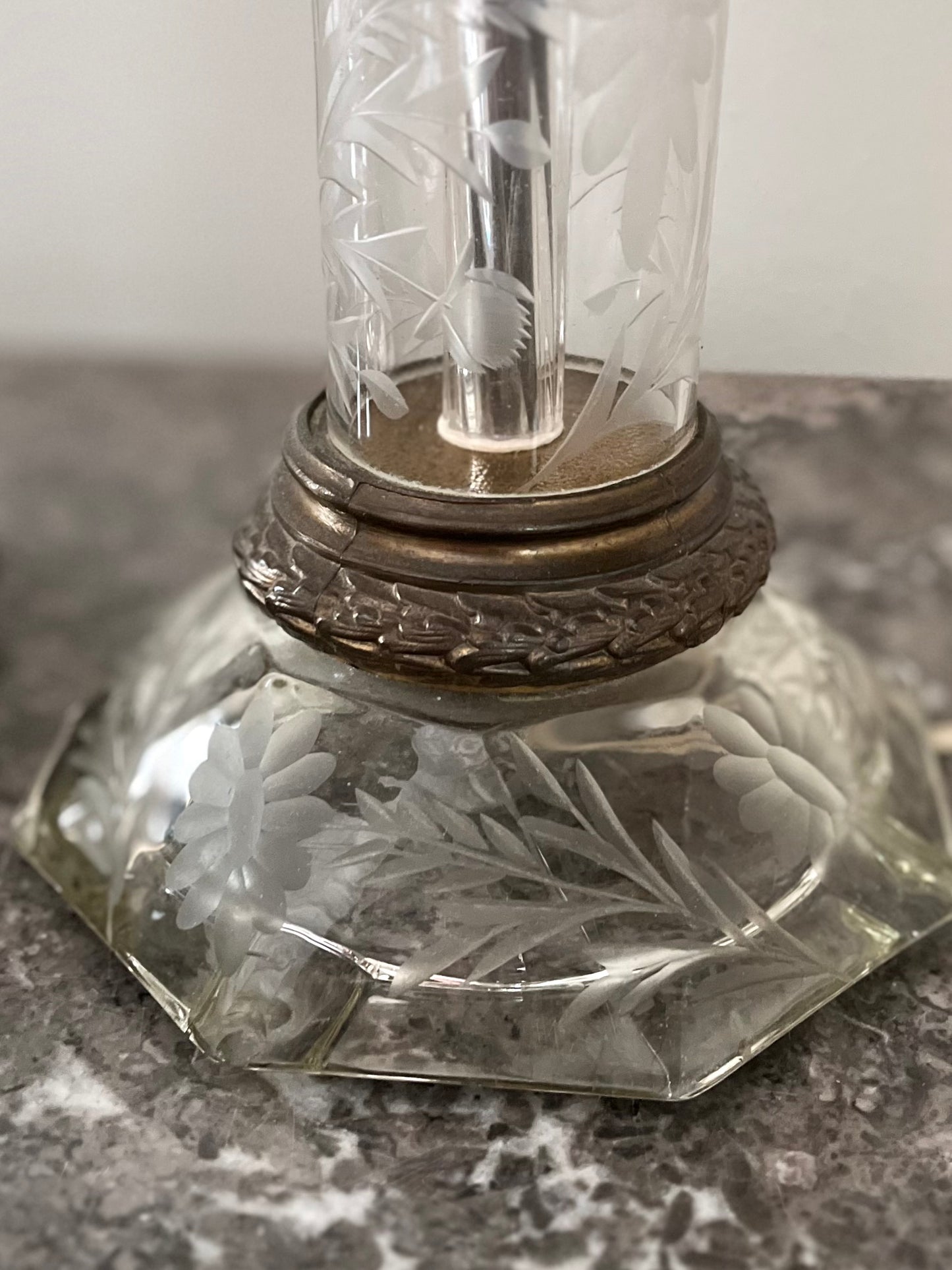 RESERVED - ELLA_HEKIM - Live 08/18 Antique Etched Crystal & Brass Torchiere Table Lamp with Milk Glass Shade 1910-1920’s