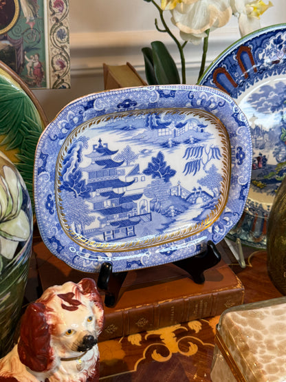 Rare Miles Mason Broseley Willow Pattern Porcelain Platter c.1805 Blue & White W/ Gilt Border 8” x 6.5”