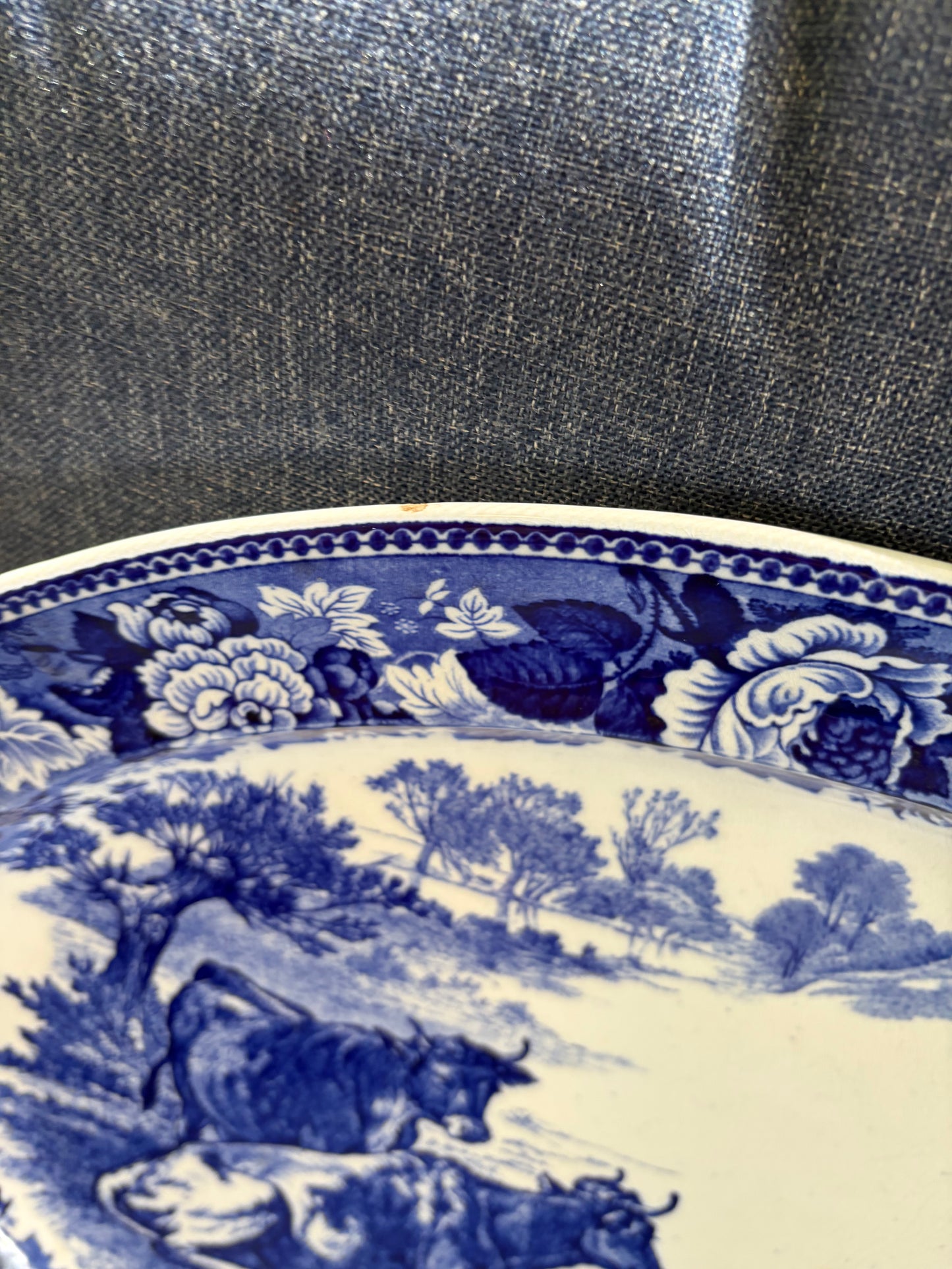 Stunning antique 18 3/4”Wedgwood blue and white platter with pasture scene and cows!