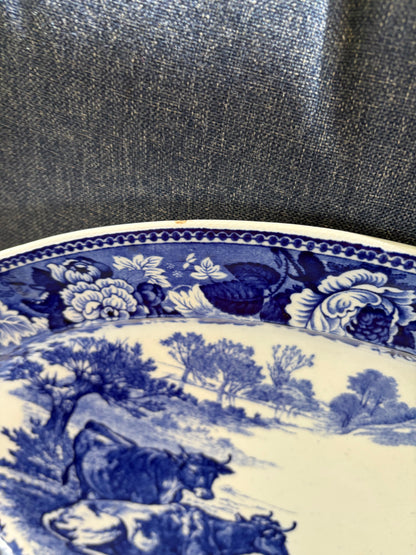Stunning antique 18 3/4”Wedgwood blue and white platter with pasture scene and cows!