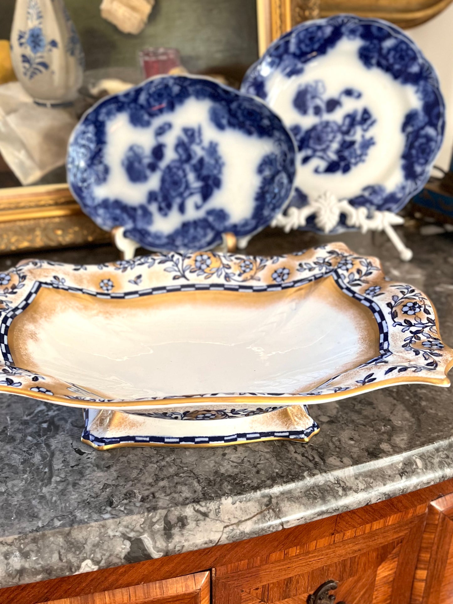 Rare English Gilded Flow Blue Rectangular Pedestal Bowl - Keeling & Co Burslem
