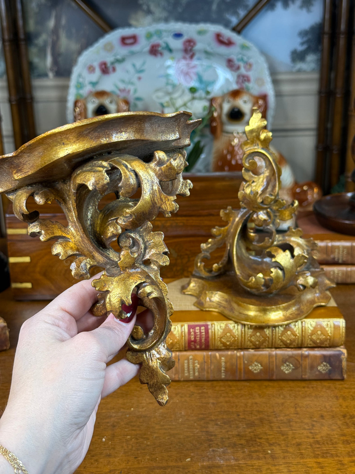 Pair of Vintage Italian Rococo Carved Giltwood Wall Brackets / Sconces, c. 1950 – 8”H
