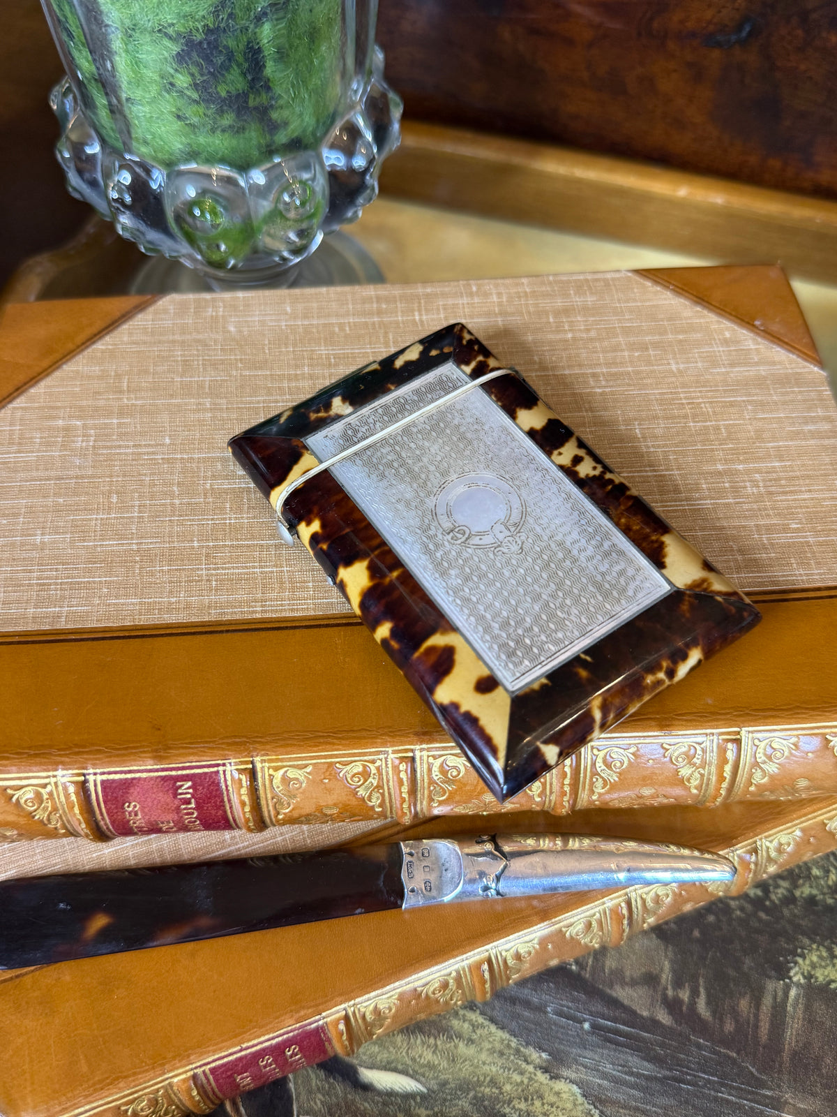 Antique Victorian TShell🐢🤎 Calling Card Case | Carved Mother-of-Pearl & Sterling Silver Panel | Red Velvet Interior | 3.5” × 2.25”