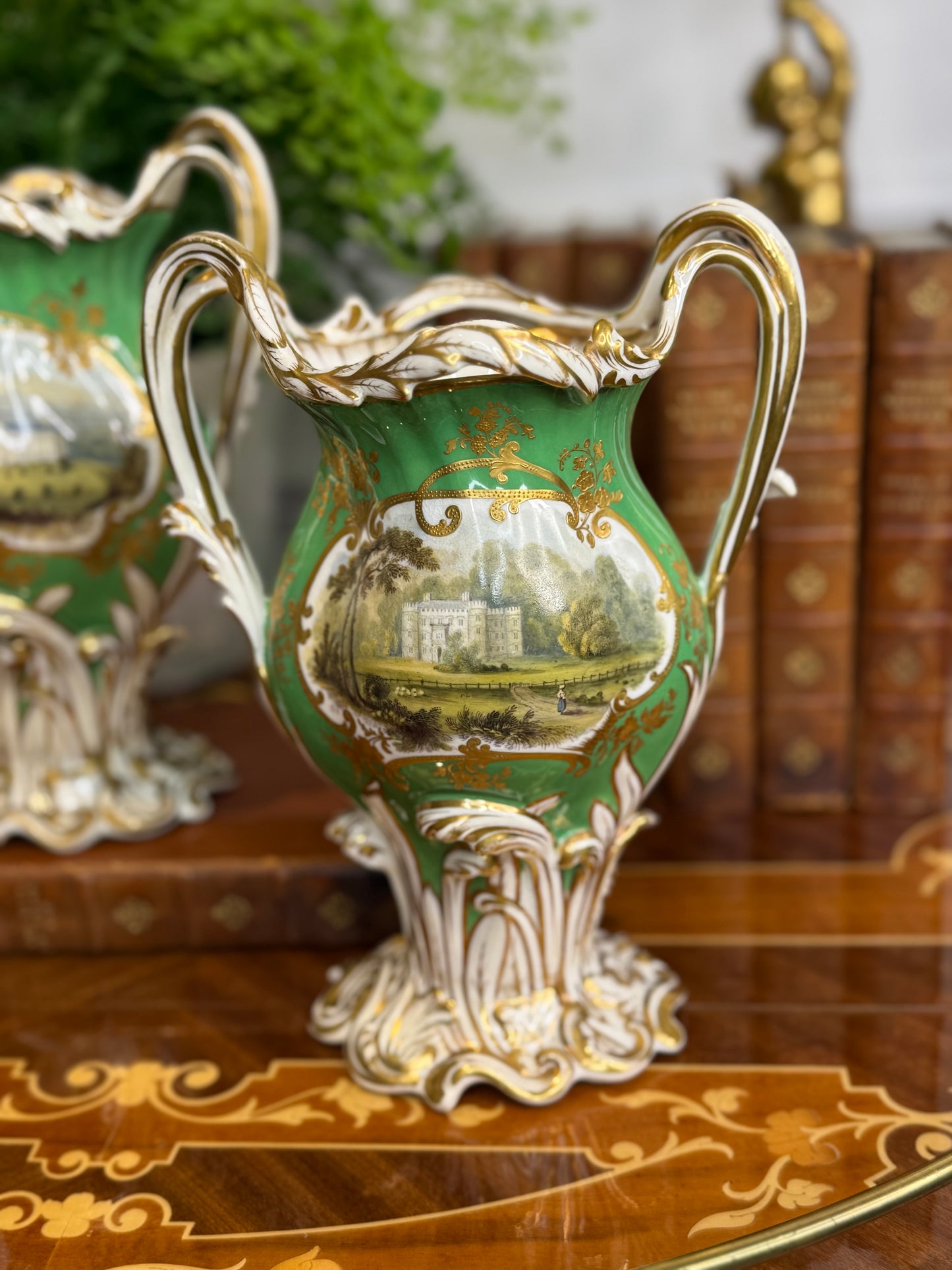 Rare Antique Pair of H.& R. Daniel Apple Green Scenic Vases | Named Views of Attingham Park, Shropshire | English Porcelain | c. 1840 | 8.5"H x 6.5"W x 4" | Style DA4447 (Copy)