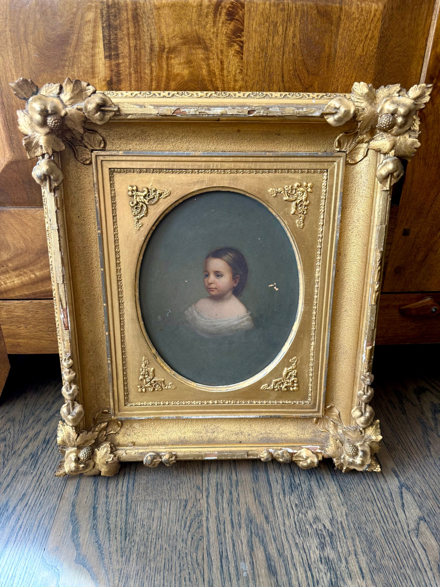 Antique Oil Portrait on Board in Period Giltwood Frame 17x15”